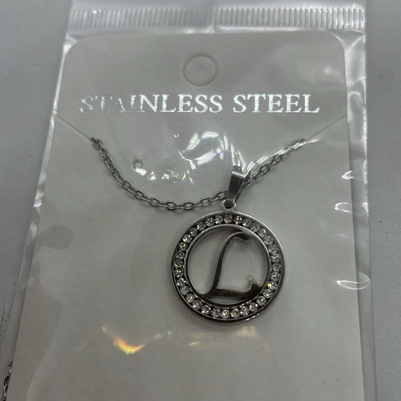 L Initial Rhinestone Silver Stainless Steel Necklace - Picture 5 of 6
